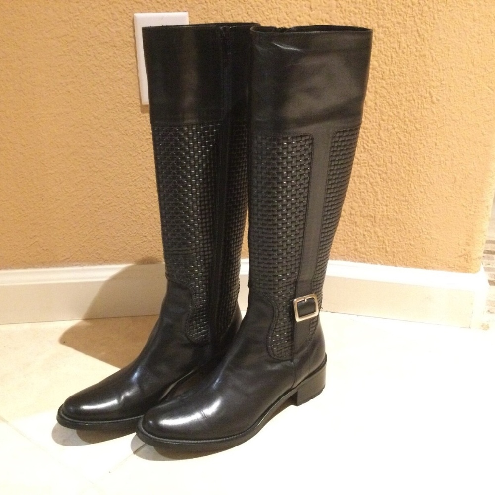 Cole Haan Knee High Boots Size 36 Basketweave Black Leather Size 6